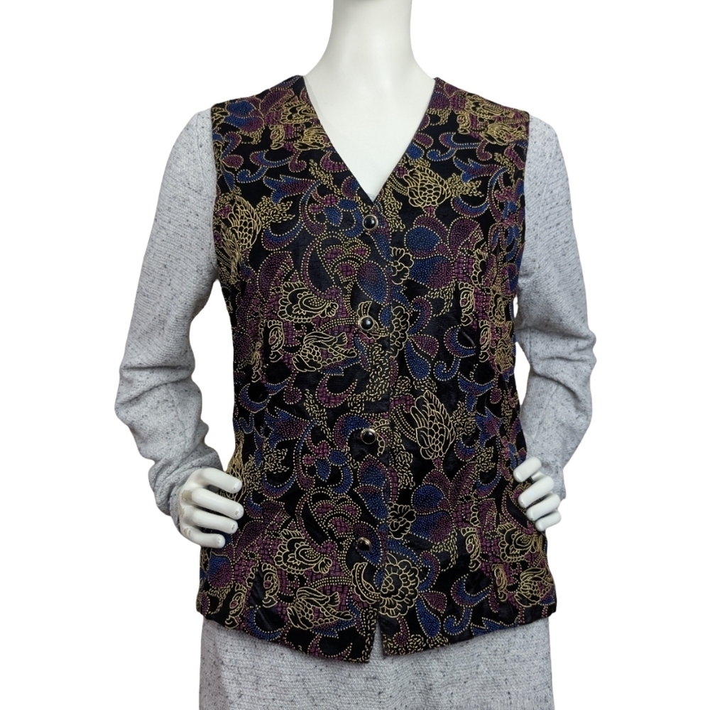 Cleo Petites Vintage Patterned Velvet Vest With Gold Details Fits Medium